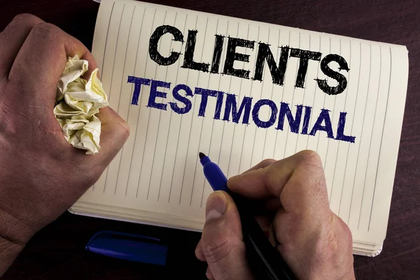 Writing note showing  Clients Testimonial. Business photo showcasing Customers Personal Experiences Reviews Opinions Feedback written by Man on Notebook Book on wooden background Pen Crumpled Paper