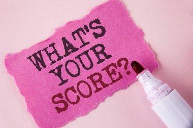 Kelime yazma metni Puan Sorunuz Nedir? Kişisel Bireysel Beğeni Beğeni Sonuçları için iş konsepti yanındaki Pembe Arkaplan İşaretleyicisi üzerine Pembe Yapışkan not kağıdına yazılmış.