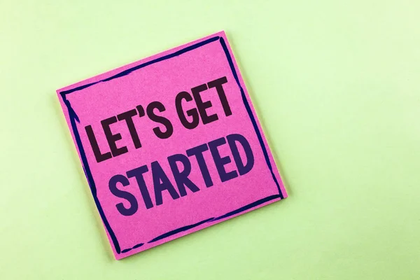 Text sign showing Lets Get Started. Conceptual photo beginning time motivational quote Inspiration encourage written on Pink Sticky Note Paper on the plain background. — Stock Photo, Image