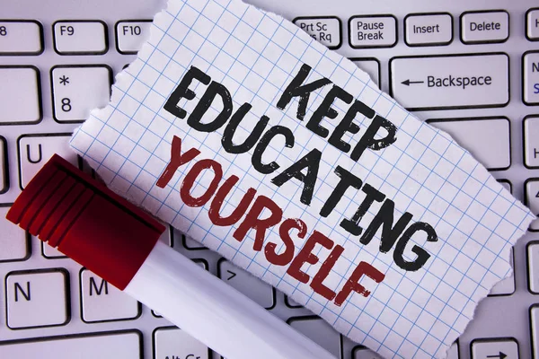 Conceptual hand writing showing Keep Education Yourself. Business photo text never stop learning to be better Improve encourage written on Tear Notebook paper placed on the Laptop Marker next to it.. — Stock Photo, Image