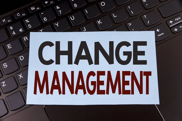 Text sign showing Change Management. Conceptual photo replace leaderships or People in charge Replacement written on Sticky Note Paper placed on the Laptop. — Stock Photo, Image
