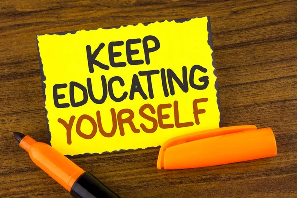 Conceptual hand writing showing Keep Education Yourself. Business photo showcasing never stop learning to be better Improve encourage written on Yellow Sticky note paper wooden background Marker — Stock Photo, Image