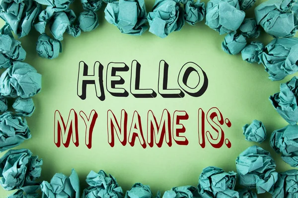 Word writing text Hello My Name Is. Business concept for meeting someone new Introduction Interview Presentation written on plain background within Paper Balls. — Stock Photo, Image