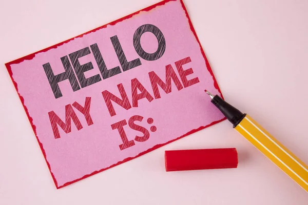 Text sign showing Hello My Name Is. Conceptual photo meeting someone new Introduction Interview Presentation written on Pink Sticky Note paper on the plain background Pen next to it. — Stock Photo, Image