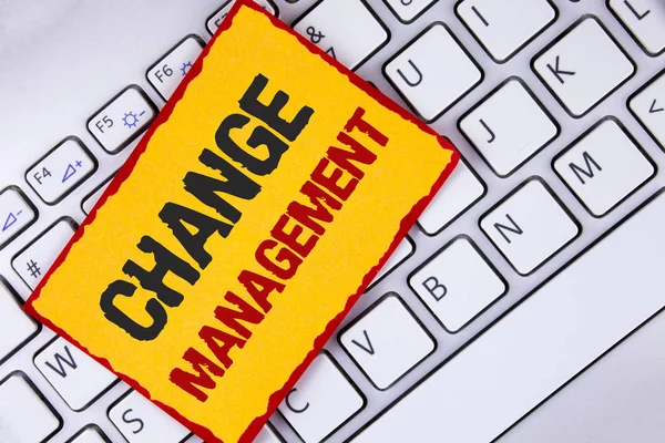 Word writing text Change Management. Business concept for replace leaderships or People in charge Replacement written on Sticky Note Paper placed on the Laptop. — Stock Photo, Image