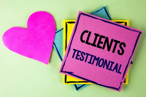Writing note showing  Clients Testimonial. Business photo showcasing Customers Personal Experiences Reviews Opinions Feedback written on Pink Sticky Note Paper on plain background Heart next to it. — Stock Photo, Image