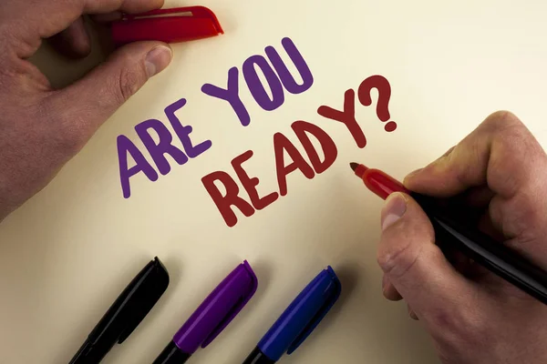 Text sign showing Are You Ready Question. Conceptual photo asking about availability Lets go out Study Work written by Man on plain background Markers next to it. — Stockfoto