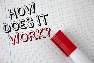 El yazısı metin nasıl Does o iş soru. Aygıt veya makine işlemi defter kağıt Marker yanında yazılmış öğretici hakkında soran kavramı anlam. Üstten Görünüm.