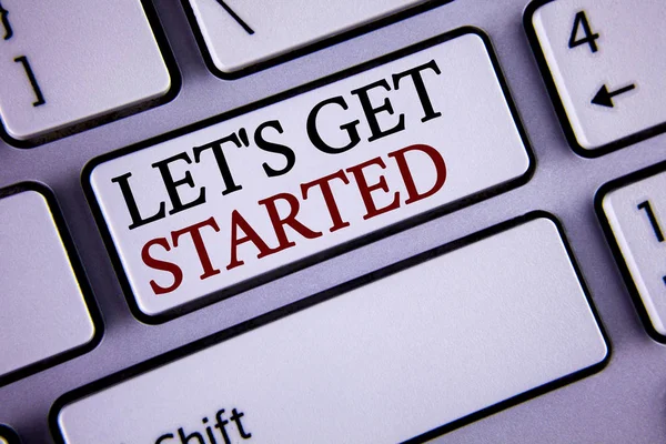 Writing note showing  Lets Get Started. Business photo showcasing beginning time motivational quote Inspiration encourage written on white keyboard key with copy space Top view. — Stock Photo, Image