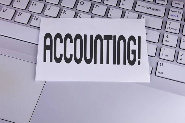 Conceptuele hand schrijven tonen Accounting motiverende noemen. Zakelijke foto presentatie van Account binnenstem motiveren zelf geschreven over Witboek Sticky Opmerking geplaatst op de Laptop. — Stockfoto