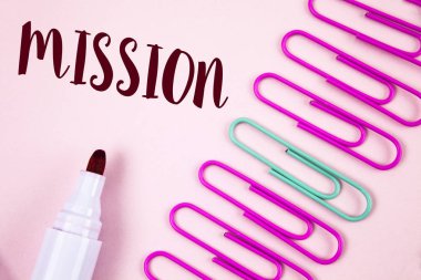 Misyon gösterilen not yazma. Kurumsal hedef önemli atama iş amacı ve düz pembe arka plan Marker ve kağıt Pins yanında yazılı odak vitrine iş fotoğraf.