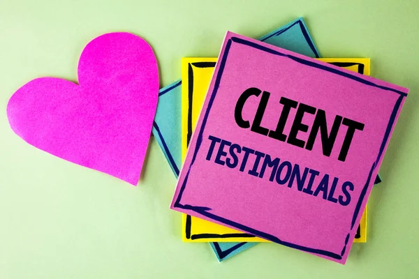 Writing note showing  Client Testimonials. Business photo showcasing Customer Personal Experiences Reviews Opinions Feedback written on Pink Sticky Note Paper on plain background Heart next to it. — Stock Photo, Image