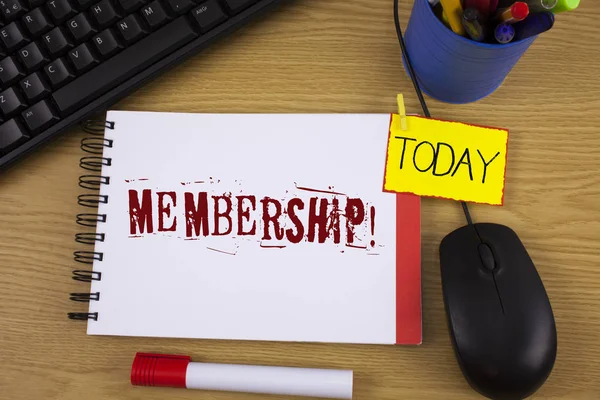 Word writing text Membership. Business concept for Being member Part of a group or team Join organization company written on Noteoad on wooden background Today Marker Mouse Keyboard next to it. — Stock Photo, Image