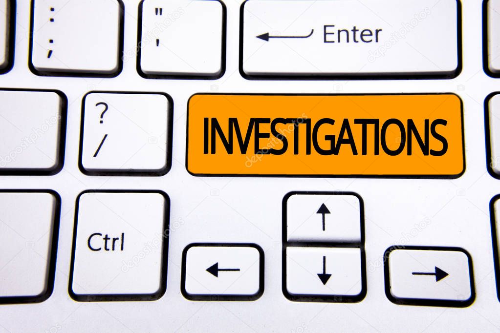 Text sign showing Investigations. Conceptual photo Formal inquiry Systematic Study Examination Research Analysis written on Orange Key Button on White Keyboard with copy space. Top view.