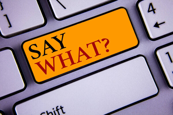 Text sign showing Say What Question. Conceptual photo Repeat the thing you said Attonishment Surprise Expression. Concept For Information