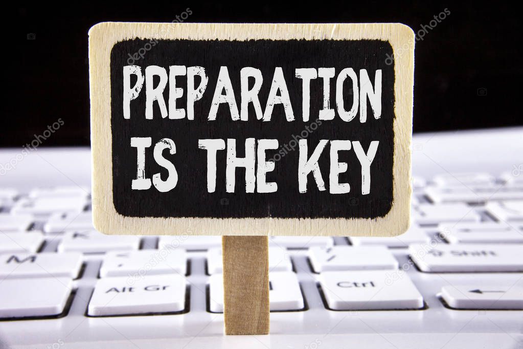Word writing text Preparation Is The Key. Business concept for Learn Study Prepare yourself for achieving success written on Wooden Notice Board placed on the Laptop.