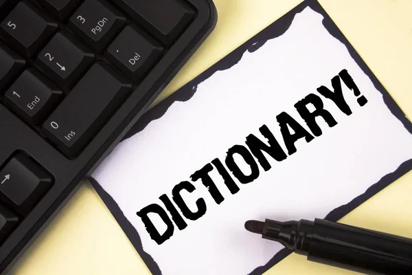 Conceptual hand writing showing Dictionary Motivational Call. Business photo text Learning another vocabs and synonyms from book written on Sticky Note paper on plain background Marker Keyboard. — Stock Photo, Image