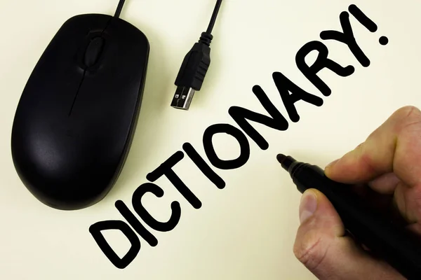 Conceptual hand writing showing Dictionary Motivational Call. Business photo showcasing Learning another vocabs and synonyms from book written by Man holding Marker on plain background Black Mouse — Stock Photo, Image