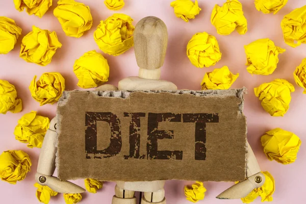 Konceptuella hand skriva visar kost. Företag foto skylta dietister skapa matsedlar att anta och bibehålla friska äter skriftliga på Riva kartong bit på rosa bakgrund träleksak — Stockfoto