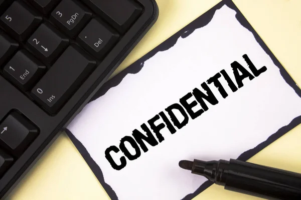 Conceptual hand writing showing Confidential. Business photo text Agreements between two parties are private and protected written on Sticky Note paper on plain background Marker Keyboard. — Stock Photo, Image