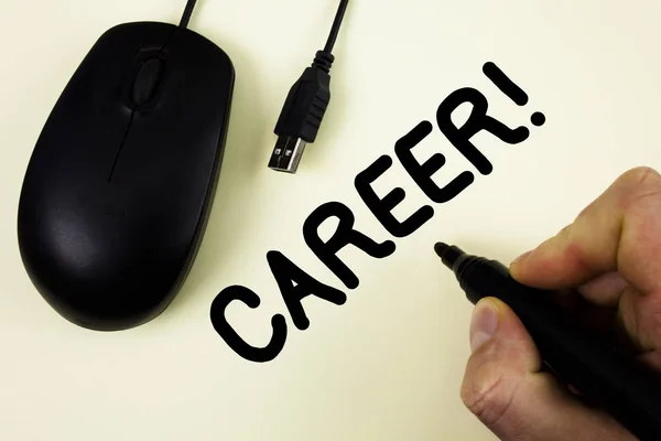 Conceptual hand writing showing Career Motivational Call. Business photo showcasing Finding your dream job with proper guidance written by Man holding Marker on plain background Black Mouse — Stock Photo, Image