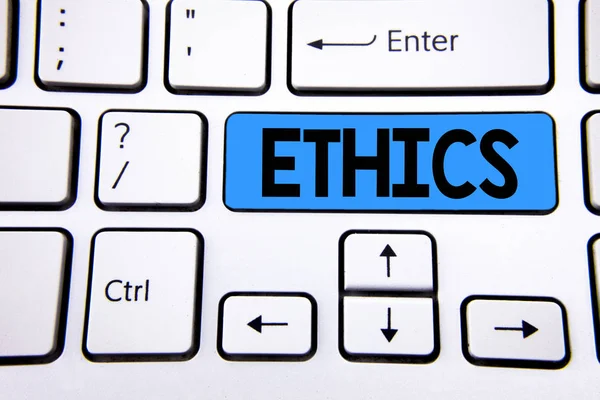 Writing note showing  Ethics. Business photo showcasing Maintaining equality balance among others having moral principles written on Blue Key Button on White Keyboard with copy space. Top view. — Stock Photo, Image