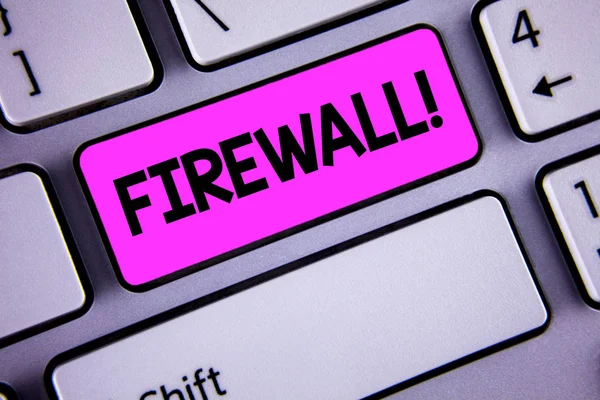 Conceptual hand writing showing Firewall Motivational Call. Business photo showcasing Malware protection prevents internet frauds written on Key Button on Keyboard with copy space. Top view.