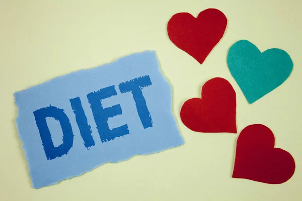 Handwriting text Diet. Concept meaning Dietitians create meal plans to adopt and maintain healthy eating written on Tear sticky note paper piece on plain background paper Hearts next to it. — Stock Photo, Image