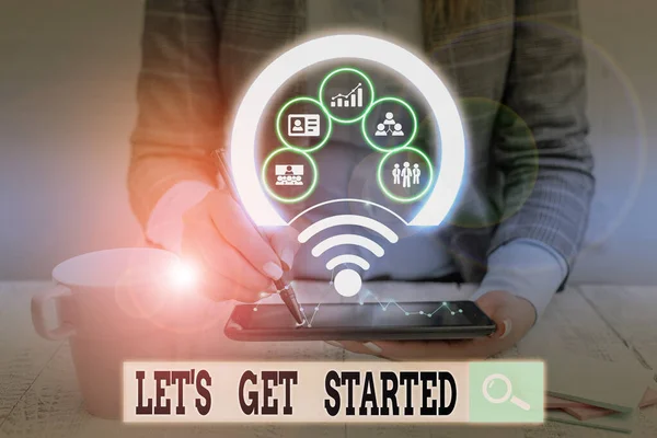 Text sign showing Let S Is Get Started. Conceptual photo to begin doing or working on something you had started Picture photo system network scheme modern technology smart device. — Stockfoto