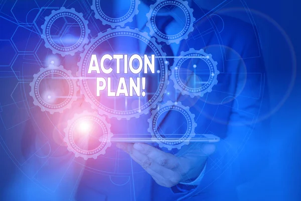 Conceptual hand writing showing Action Plan. Business photo showcasing proposed strategy or course of actions for certain time Picture photo network scheme with modern smart device. — Stock Photo, Image
