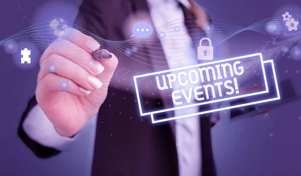 Text sign showing Upcoming Events. Conceptual photo thing that will happens or takes place soon planned occasion Picture photo system network scheme modern technology smart device. — Stock Photo, Image