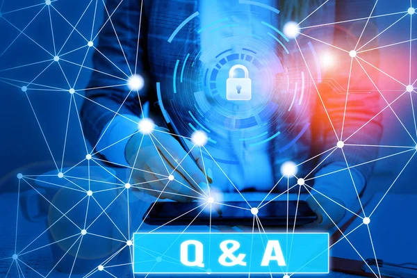 Writing note showing Q And A. Business photo showcasing defined as questions being asked and answers Picture photo system network scheme modern smart device. — Stock Photo, Image