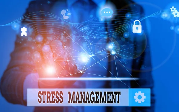 Tekst schrijven Stress Management. Zakelijk concept voor methode van het beperken van stress en de effecten ervan door het leren van manieren Picture photo system network scheme modern technology smart device. — Stockfoto