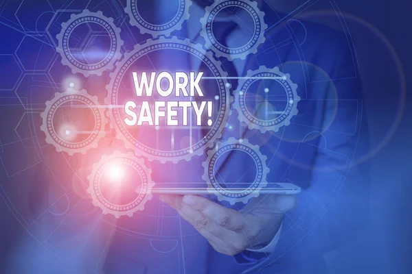 Koncepcionális kézírás a munkahelyi biztonságról. Üzleti fotó bemutató politikák és eljárások az alkalmazottak egészségének biztosítása érdekében Képes fénykép hálózati rendszer modern intelligens eszközzel. — Stock Fotó