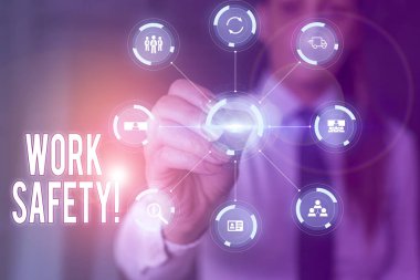 İş Güvenliğini gösteren kavramsal el yazısı. Çalışanların sağlığını sağlamak için iş fotoğrafı poliçeleri ve prosedürleri modern akıllı cihaz ile resim ağı şeması.
