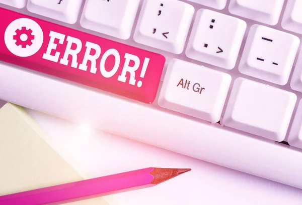 Word writing text Error. Business concept for state or condition of being wrong in conduct judgement or program White pc keyboard with empty note paper above white background key copy space. — Stock Photo, Image