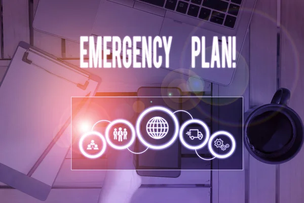 Writing note showing Emergency Plan. Business photo showcasing actions developed to mitigate damage of potential events Picture photo network scheme with modern smart device. — Stock Photo, Image