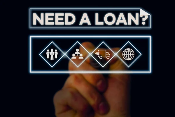 Signo de texto que muestra Need A Loan Question. Foto conceptual pidiendo que necesita dinero esperado pagado con interés Imagen esquema de red de sistema de fotos moderno dispositivo inteligente de tecnología . —  Fotos de Stock