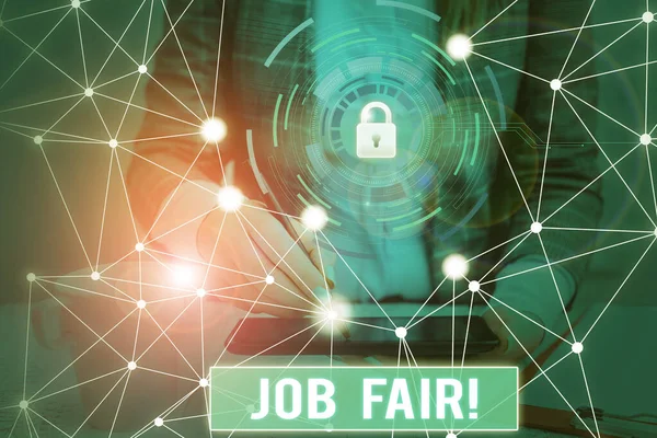 Writing note showing Job Fair. Business photo showcasing event in which employers recruiters give information to employees Picture photo system network scheme modern smart device.
