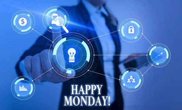 Teken dat Happy Monday toont. Conceptuele foto vertellen dat het demonstreren van de bestelling te wensen hem geweldige nieuwe week vrouw dragen formeel werk pak presentatie presenteren met behulp van smartapparaat. — Stockfoto