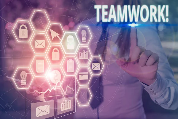 Writing note showing Teamwork. Business photo showcasing combined action of group especially when effective and efficient Picture photo network scheme with modern smart device. — Stock Photo, Image