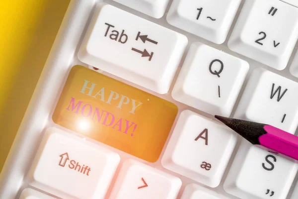 Conceptual hand writing showing Happy Monday. Business photo text telling that demonstrating order to wish him great new week White pc keyboard with note paper above the white background.