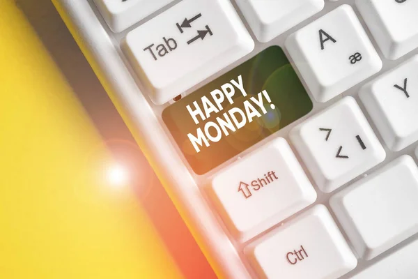 Conceptual hand writing showing Happy Monday. Business photo showcasing telling that demonstrating order to wish him great new week White pc keyboard with note paper above the white background.