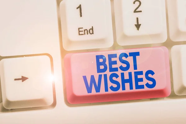 Handwriting text Best Wishes. Concept meaning an expression of hope for someone s is future happiness or welfare White pc keyboard with empty note paper above white background key copy space.