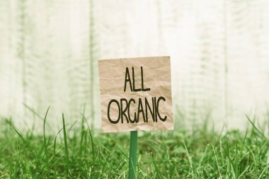 Organik 'i gösteren kavramsal el yazısı. Sentetik böcek ilaçlarıyla tedavi edilmemiş iş metinleri. Yapıştırılmış ve çimenli topraklara yerleştirilmiş sade kağıt..