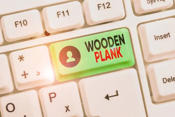 Word writing text Wooden Plank. Business concept for wood or similar material of the type used for making floors White pc keyboard with empty note paper above white background key copy space.