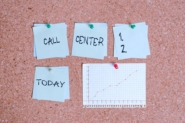 Conceptual hand writing showing Call Center. Business photo text an office in which large numbers of telephone calls are handled Corkboard size paper thumbtack sheet billboard notice board. — Stock Photo, Image