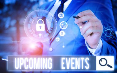 Yaklaşan olayları gösteren kavramsal el yazısı. Modern akıllı aygıtla planlanan kamu veya sosyal etkinlikleri gösteren iş fotoğrafı..