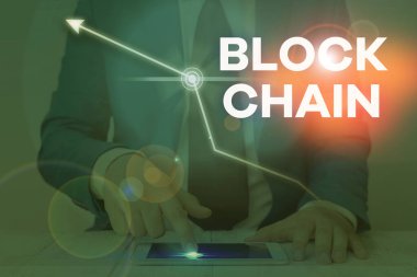 Kelime Yazma Bloğu Zinciri. Bitcoin ile yapılan işlemlerin kaydedildiği sistem için iş konsepti.