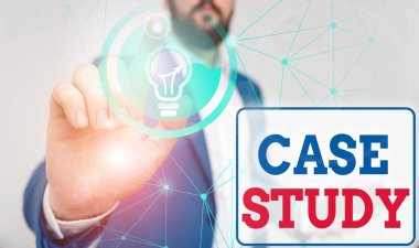 Writing note showing Case Study. Business photo showcasing analysis and a specific research design for examining a problem Male human wear formal suit presenting using smart device.